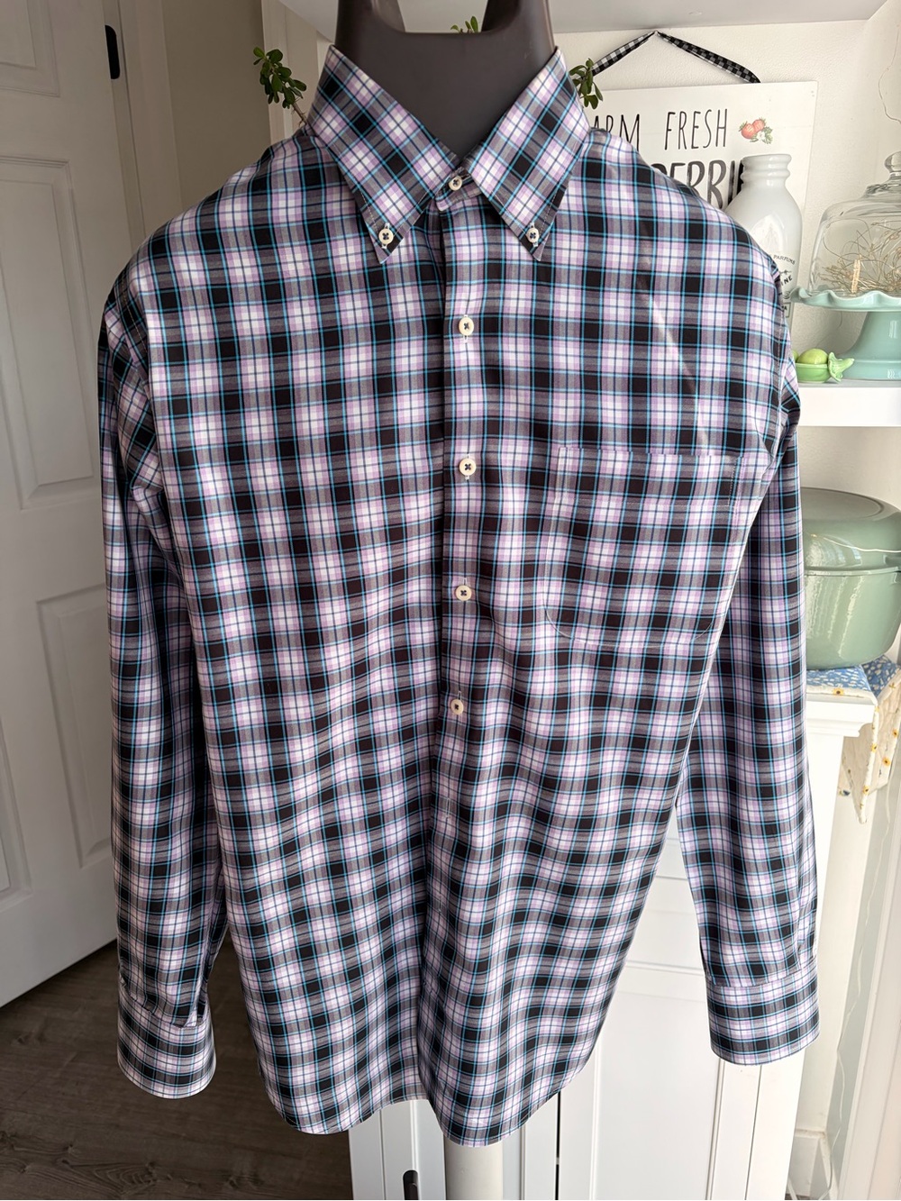 Button-Down Plaid Men's Shirt in Blue and Purple